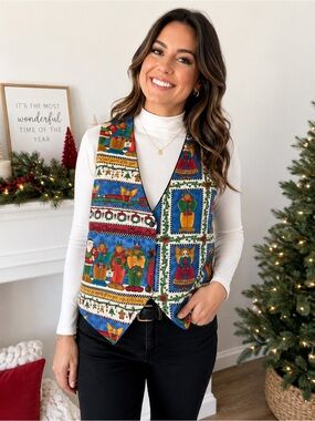 Vintage 111 Main Christmas Patchwork Vest Reversible Black Holiday Novelty 1X
